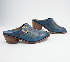 Add some fresh florals to your footwear with these western-inspired leather mules. From L'Artiste by Spring Step. Western Style Mules For Spring, Spring Bohemian Clogs With Round Toe, Western Closed Toe Mules For Fall, Bohemian Spring Mules, Western Style Closed Toe Mules For Fall, Western Style Round Toe Heels For Summer, Western Style Summer Slip-on Mules, Western Style Slip-on Summer Mules, Spring Round Toe Mules With Heel Loop