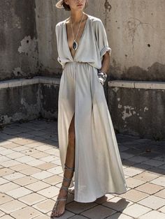 Lasaky - Elegant Long-Sleeved Dress with V-Neck Sukienki Maksi, Plus Size Long Dresses, Plain Maxi Dress, Split Long Dress, Dress Sleeve Length, Split Maxi Dress, Half Sleeve Dresses, Split Dress, Maxi Robes