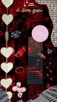 a collage with hearts, music notes and other things in red tones on it