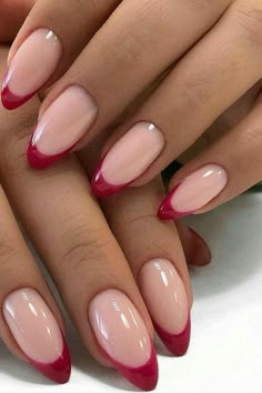 Pink Nails Red French Tip, Red Pink French Tip Nails, Pink Red French Tip Nails, Red Pink French Nails, Pink Nails With Red French Tip, Nails To Go With A Red Dress, Nail Red French, French Red Nails, French Tip Nails Red