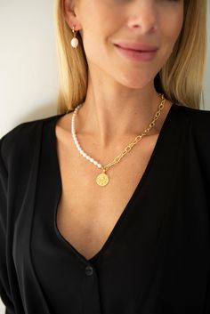 Our Rae Necklace is made with freshwater pearls and 16K Gold Filled Cable Chain, with a 24K Gold Filled Wildflower Charm. This gold filled necklace is a perfect piece to layer with! Our necklaces have a 1" gold filled chain extender. Elegant Coin Necklace With Pearl Pendant, Elegant Gold Coin Necklace With Pearl Charm, Gold Coin Necklace With Pearl Chain For Gift, Gold Coin Necklace With Pearl Chain As Gift, Elegant Gold-plated Coin Necklace With Gold Chain, Gold Filled Necklace, Chain Extenders, Gold Filled Chain, Cable Chain