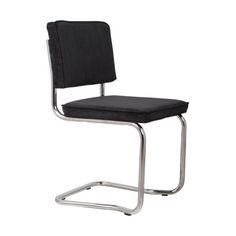 a black chair sitting on top of a metal frame with an upholstered seat