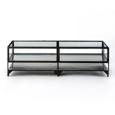 a black metal and glass coffee table with two shelves on each side, against a white background