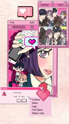 an anime character holding up a cell phone in front of her face and texting on the screen