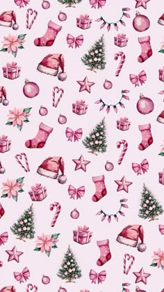 a pink christmas pattern with presents, stockings and ornaments on the bottom right corner is an ornament