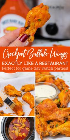 a collage of photos showing how to make crockpot buffalo wings