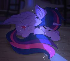 an animated pony with wings sitting on top of a rainbow colored object in the dark