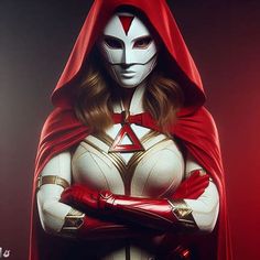 a woman dressed in white and red is standing with her arms crossed, wearing a mask