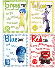 four posters with cartoon characters on them in different colors and font options for each poster