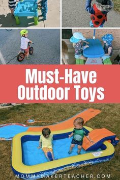 two children playing in an inflatable pool with the words must have outdoor toys