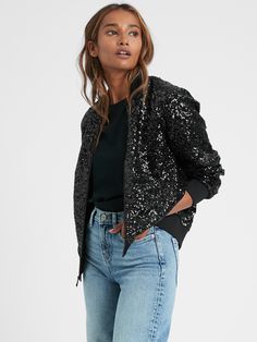 Sequin Cropped Bomber Jacket | Banana Republic New Years Eve Cocktail Party, Black Sequin Jacket, High Rise Style, Looks Party, Photo S, High Waist Fashion, Banana Republic Women, Classic Elegant