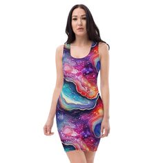 Make a statement and look fabulous in this all-over printed, fitted dress.  * 82% polyester, 18% spandex * Fabric weight: 6.78 oz/yd² (230 g/m weight may vary by 5% * Made with smooth, comfortable microfiber yarn * Material has a four-way stretch * Blank product components sourced from China Multicolor Printed Bodycon Mini Dress, Fitted Abstract Print Summer Dress, Fitted Multicolor Bodycon Dress For Summer, Summer Multicolor Fitted Bodycon Dress, Summer Fitted Mini Dress With All Over Print, Fitted Mini Dress With All Over Print For Summer, Fitted Summer Dress With All Over Print, Fitted Multicolor Print Mini Dress For Summer, Stretch Dresses With All Over Print For Summer