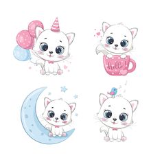 four cute kittens with balloons and stars on the moon, one is holding a balloon