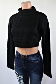 Size: M, Color: Black Sweater Crop, Crop Top Sweater, Long Crop Top, Sweater Sleeves, Long Sleeve Crop Top, Long Sleeve Sweater, Turtle Neck, Crop Tops, Women's Top