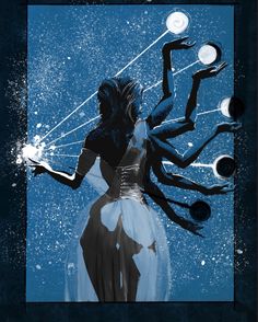 a woman in a dress holding two hands up to the sky with stars and planets around her