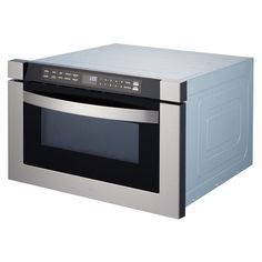 a silver microwave oven with the door open