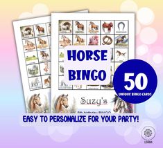 horse bingo game with the words easy to personalize for your party, and an image of