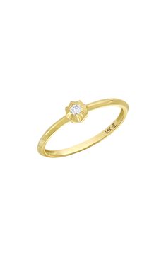 A single diamond shines in the floral-shaped setting of this stackable ring handcrafted from gleaming 18-karat gold. 1/8" diameter setting; 1/8" band width Total diamond weight: 0.05ct. Color: G Clarity: VS 18k gold/diamond Imported >Diamond Guide Yellow Gold Solitaire Diamond Flower Ring, Yellow Gold Flower Ring With Single Diamond For Promise, Yellow Gold Flower Ring With Single Diamond, Gold Flower Ring With Single Diamond, Bony Levy, Diamond Guide, Stackable Ring, Stackable Rings, Monaco