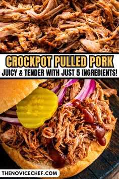 the crockpot pulled pork sandwich has been sliced and is ready to be eaten