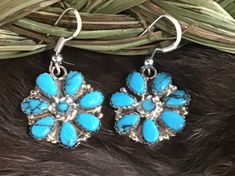 SIGNED Beautiful Authentic Navajo Zuni Native American Indian Petit Point Morenci Turquoise Dangle Earrings  Great for a Gift❤️ Sterling Silver  Hallmarked by Navajo Artist Davina Benally Blue Concho Dangle Earrings, Southwestern Turquoise Earrings For Festival, Southwestern Style Turquoise Earrings For Festival, Morenci Turquoise, Turquoise Earrings Dangle, Etsy Earrings Dangle, Native American Indians, American Indian, Sterling Silber