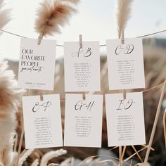 wedding seating cards hanging on a line with pamy grass in the foreground and blue sky in the background