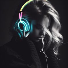 a woman wearing headphones with neon lights on her face and hair in the wind