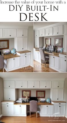 the before and after shots of a kitchen with white cabinets, counter tops, and desk