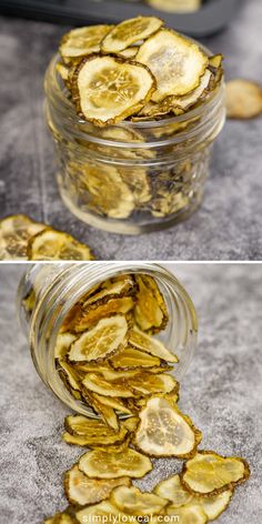 sliced bananas are in a glass jar on the counter top and below it is an image of peeled banana slices