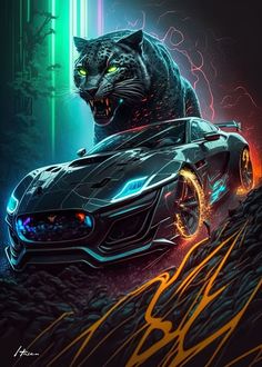 a black car with neon lights and a cat's head on the hood is shown