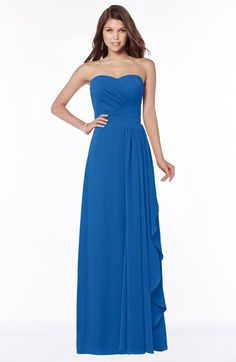 a woman in a strapless blue dress