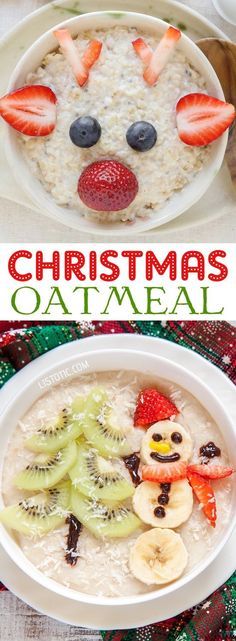 christmas oatmeal with strawberries and kiwis in the shape of a reindeer