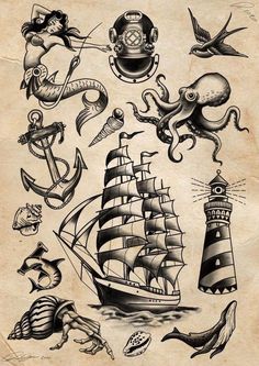 an old school tattoo design with octopus, ship, lighthouse and sea animals on parchment paper