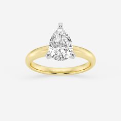 a yellow gold engagement ring with a pear shaped diamond in the center, on a white background