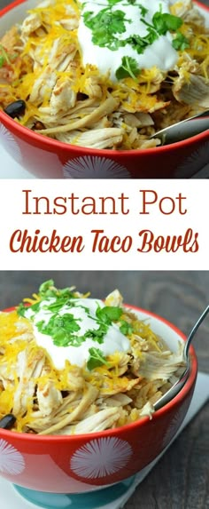 instant pot chicken taco bowls with sour cream and cilantro