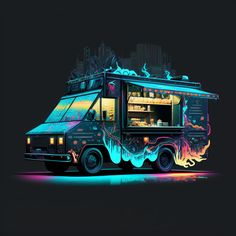 the food truck is painted with neon colors