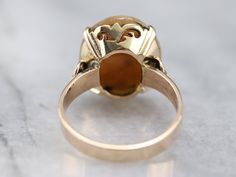 This sweet carved shell cameo has a lovely apricot color and silky look, set into a botanically themed vintage yellow gold mounting. The cameo is carved with the image of a Georgian era woman in profile, a classic image for this sort of ring. Metal: 10K Yellow Gold Gem: Shell Cameo Gem Measurements: 19.2 x 13.1 mm, Oval Ring Size: 6.75 Marks: "10K" Stamped on the inside band Woman In Profile, Yellow Gold Sapphire Ring, Apricot Color, Right Hand Ring, Georgian Era, Cameo Ring, Vintage Cameo, Classic Image, Right Hand Rings