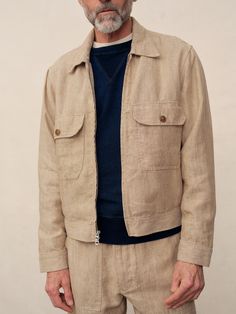 A relaxed take on a vintage mechanic's jacket in a midweight linen fabric. | Buck Mason Men's Loomed Linen Station Jacket in Khaki, Size Large Linen Outerwear With Lapel Collar And Flap Pockets, Linen Outerwear With Flap Pockets And Lapel Collar, Khaki Linen Outerwear With Pockets, Relaxed Fit Linen Utility Jacket With Patch Pockets, Classic Linen Outerwear With Flap Pockets, Beige Linen Outerwear With Pockets, Utility Linen Outerwear With Pockets, Unstructured Linen Outerwear With Pockets, Linen Unstructured Outerwear With Lapel Collar