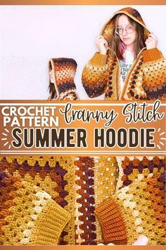 the crochet granny's summer hoodie is shown in orange and brown