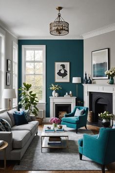 a living room filled with furniture and a fire place under a chandelier in front of a fireplace