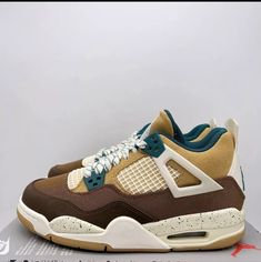 This Is A New Pair Of Nike Air Jordan 4 Retro Gs Sneakers In Cacao Brown And Teal Colorway. They Are Designed For Unisex Kids With A Us Shoe Size Of 7. The Sneakers Feature The Iconic Jordan Brand Logo And Are Part Of The Nike Air Product Line. They Come With The Original Box. Air Jordan 4 Casual High-top Sneakers For Streetwear, Casual Air Jordan 4 High-top For Streetwear, Casual Air Jordan 4 Mid-top For Streetwear, Casual Mid-top Air Jordan 4 For Streetwear, Casual Air Jordan 4 High-top With Boost Midsole, Casual Air Jordan 4 High-top, Casual Air Jordan 4 Lace-up Sports Shoes, Sporty Brown Lace-up Jordan Shoes, Casual Air Jordan 4 Low-top With Boost Midsole