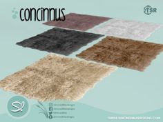 four different colored shaggy rugs with the word contamus written in black and white