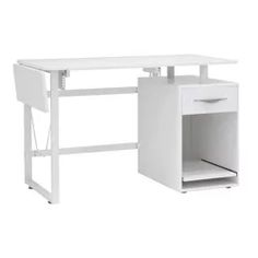 a white desk with an open drawer underneath it