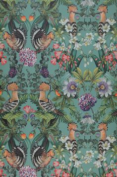 a wallpaper with two birds and flowers on it's green background, surrounded by leaves