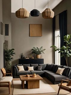 a living room filled with lots of furniture next to a large window covered in plants