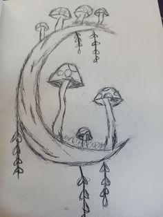 a drawing of mushrooms and trees on the moon