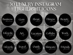 the 30 luxury instagram highlight icons are all black and white, with different font styles