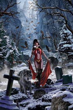 a woman in a red cape standing on top of a grave surrounded by snow covered trees