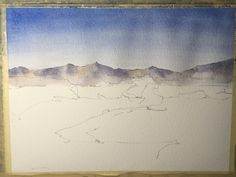 a watercolor painting with mountains in the background