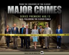 a group of people standing next to each other in front of a yellow tape with the words major crimes on it