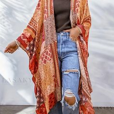 Lasaky - Womens Plus-Size Boho Cardigan with Aztec Print, Featuring Bat Sleeves and Open Front Cover Up Plus Size Hippie Fashion, Aztec Print Cardigan, Cardigan Plus Size, Bat Sleeves, Boho Mode, Boho Cardigan, Loose Cardigan, Keyhole Neckline, Boho Kimono